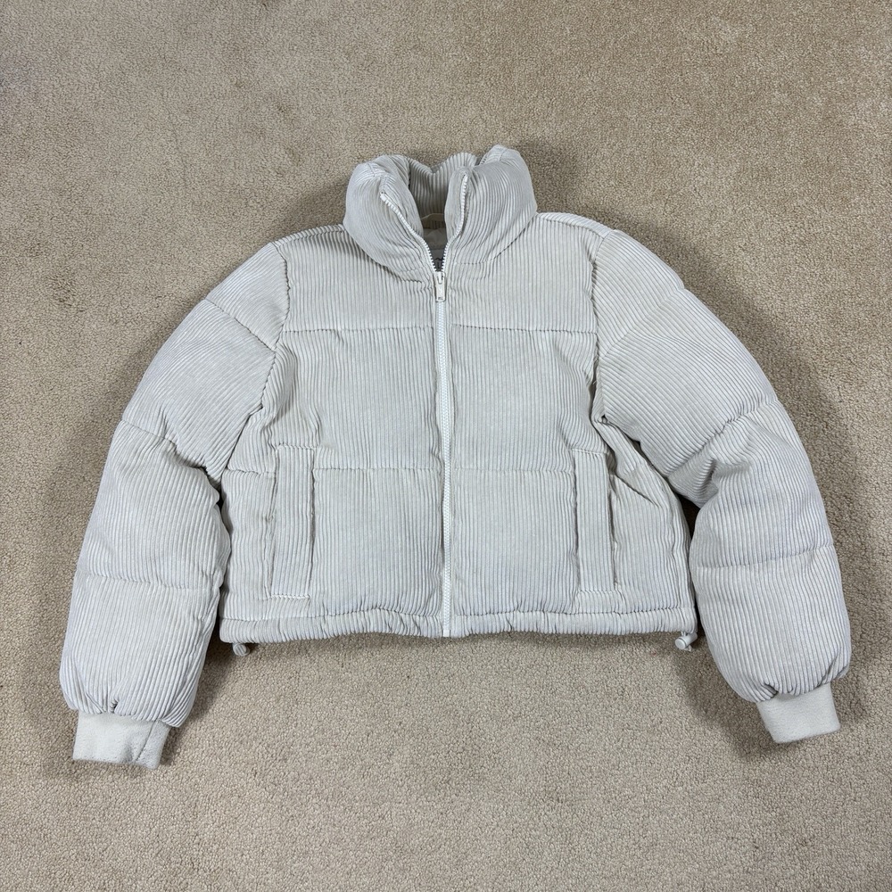 Hollister Corduroy Puffer Jacket Beige Full Zip Quilted Crop Coat Women’s Medium